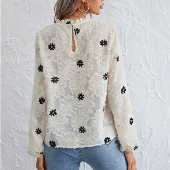 Boho fuzzy floral embroidered frill neckline long sleeve blouse - Picture 2 of 10